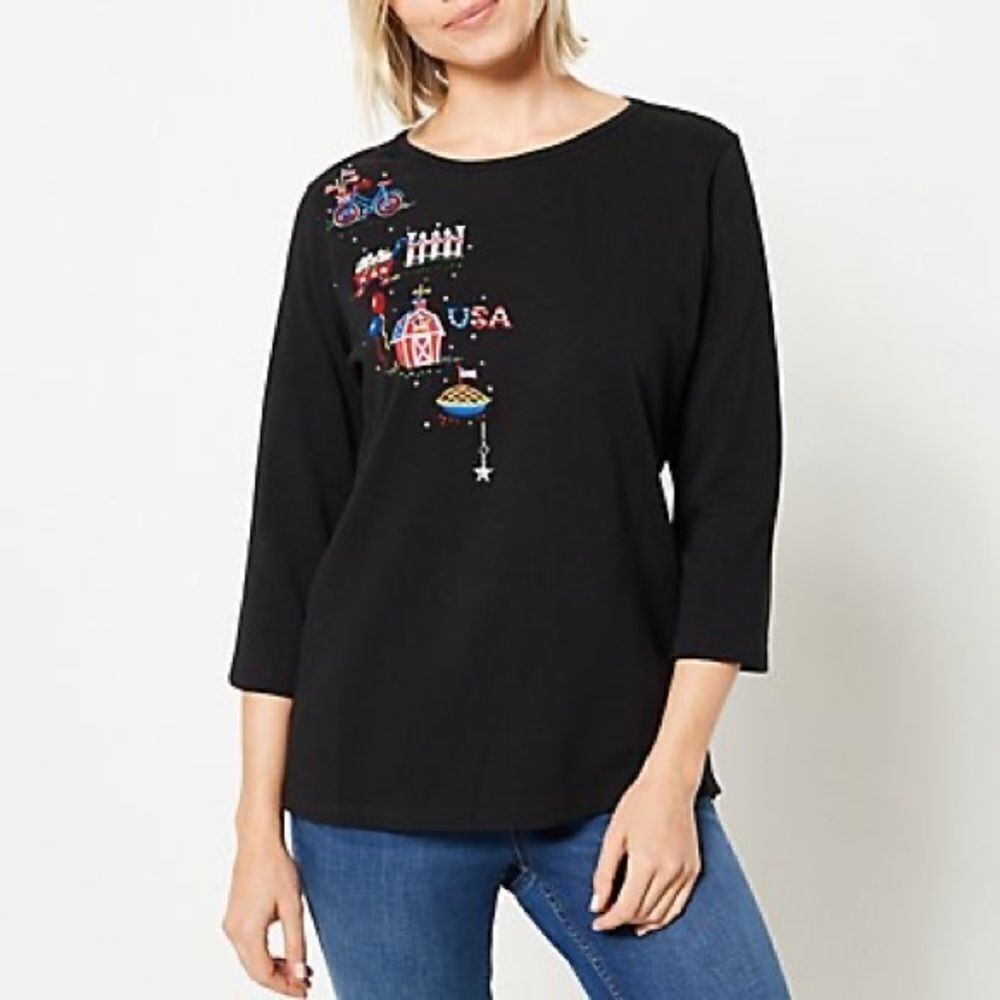 Quacker Factory 3/4 Sleeve T-Shirt with Fun Dangle